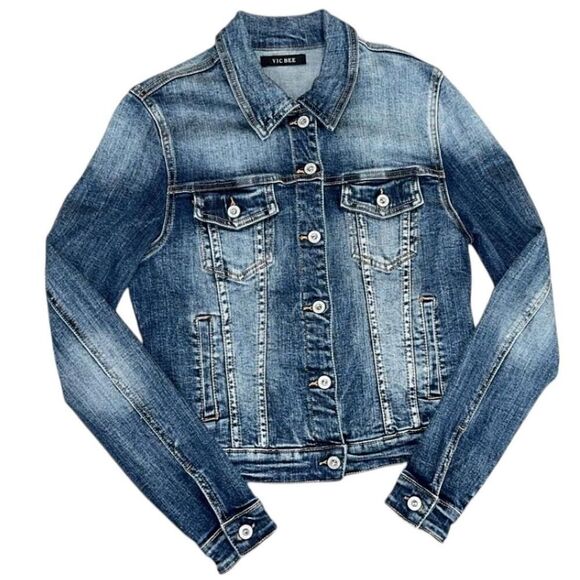 Vic Bee Jackets & Blazers - Vic Bee Navy blue denim jacket with white sequin angel wings
